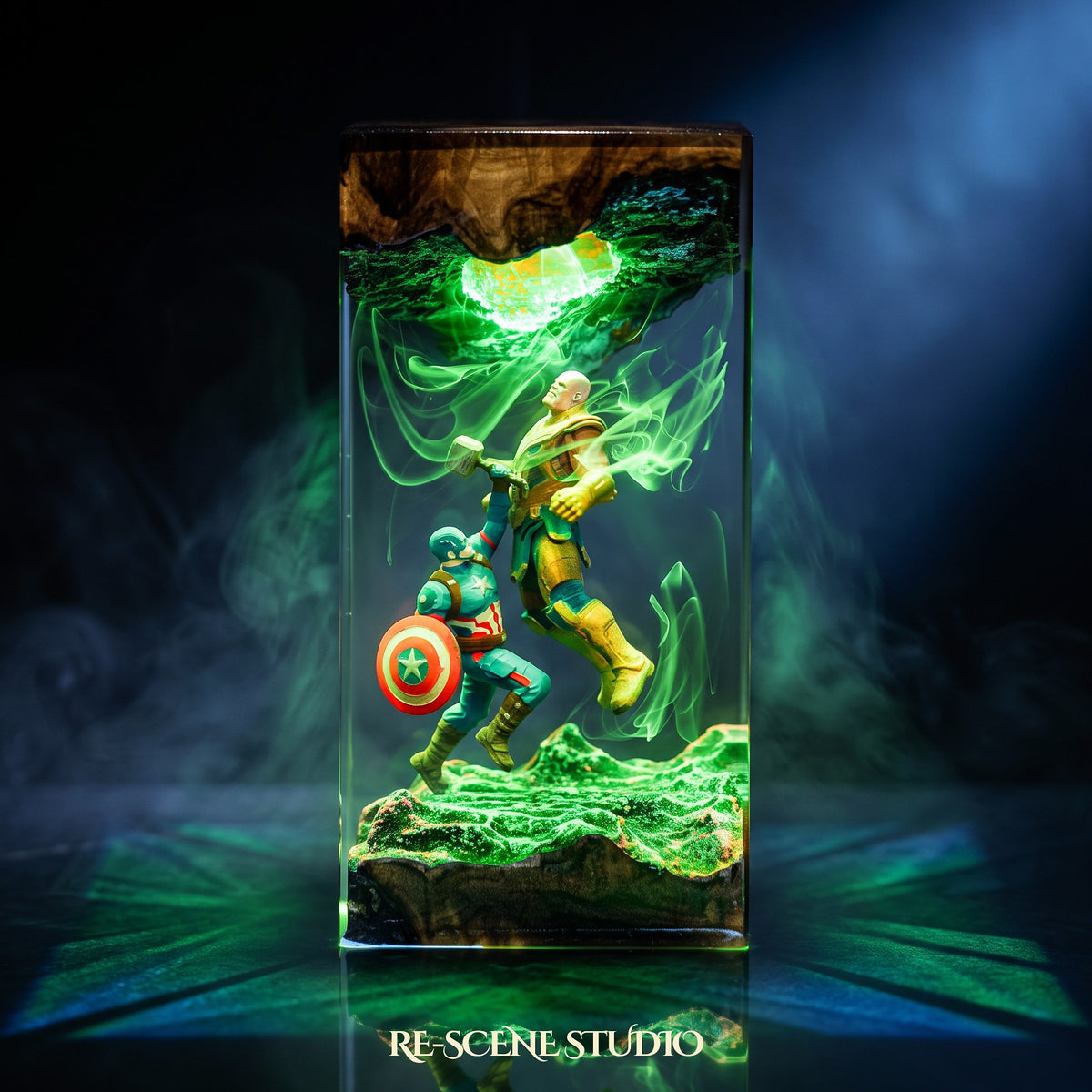 Captain America vs Thanos Resin Lamp lit up in the dark, Marvel resin diorama lamp for desk or shelf
