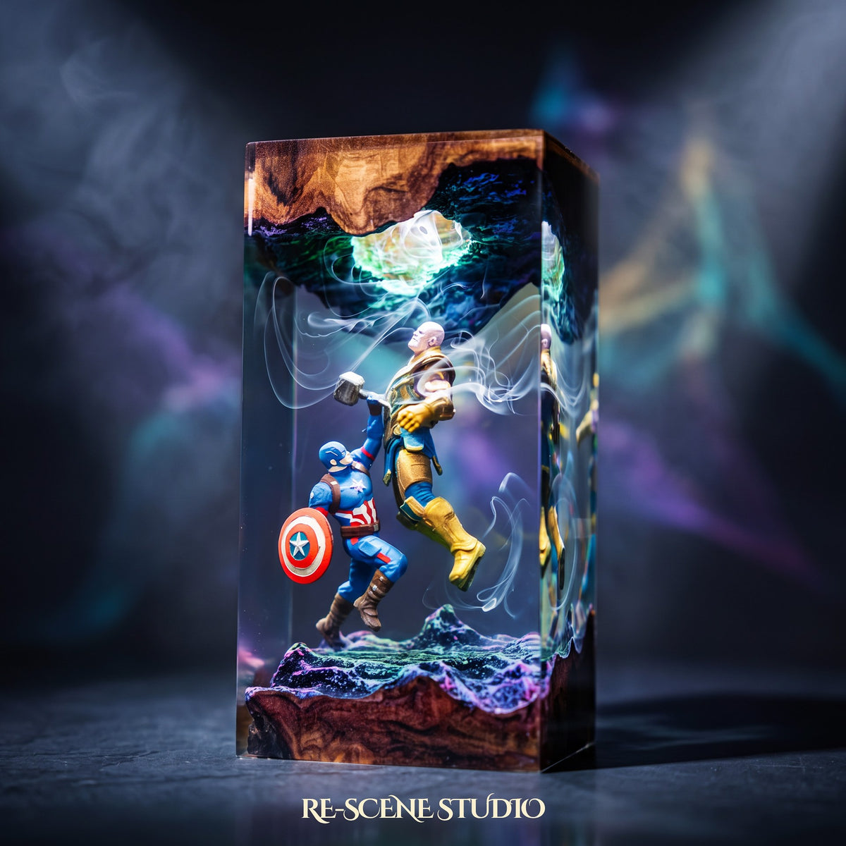 Close look at the Captain America vs Thanos Resin Lamp, a handcrafted Marvel epoxy resin LED lamp