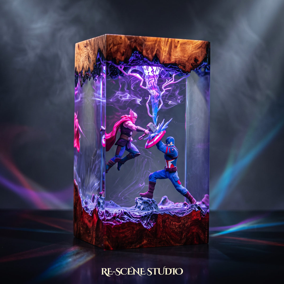 Marvel collectible: the Captain America vs Thor Resin Lamp, handmade on a wooden base