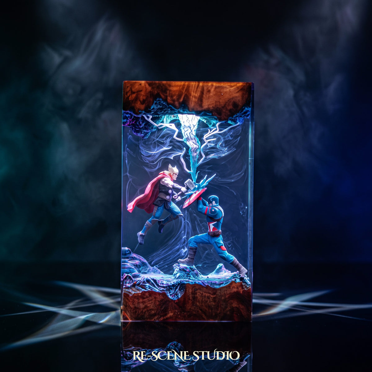 Close look at the Captain America vs Thor Resin Lamp, a handcrafted Marvel epoxy resin LED lamp
