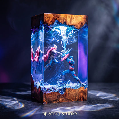 Glowing Captain America vs Thor Resin Lamp: Marvel fan decor sealed in crystal-clear epoxy resin