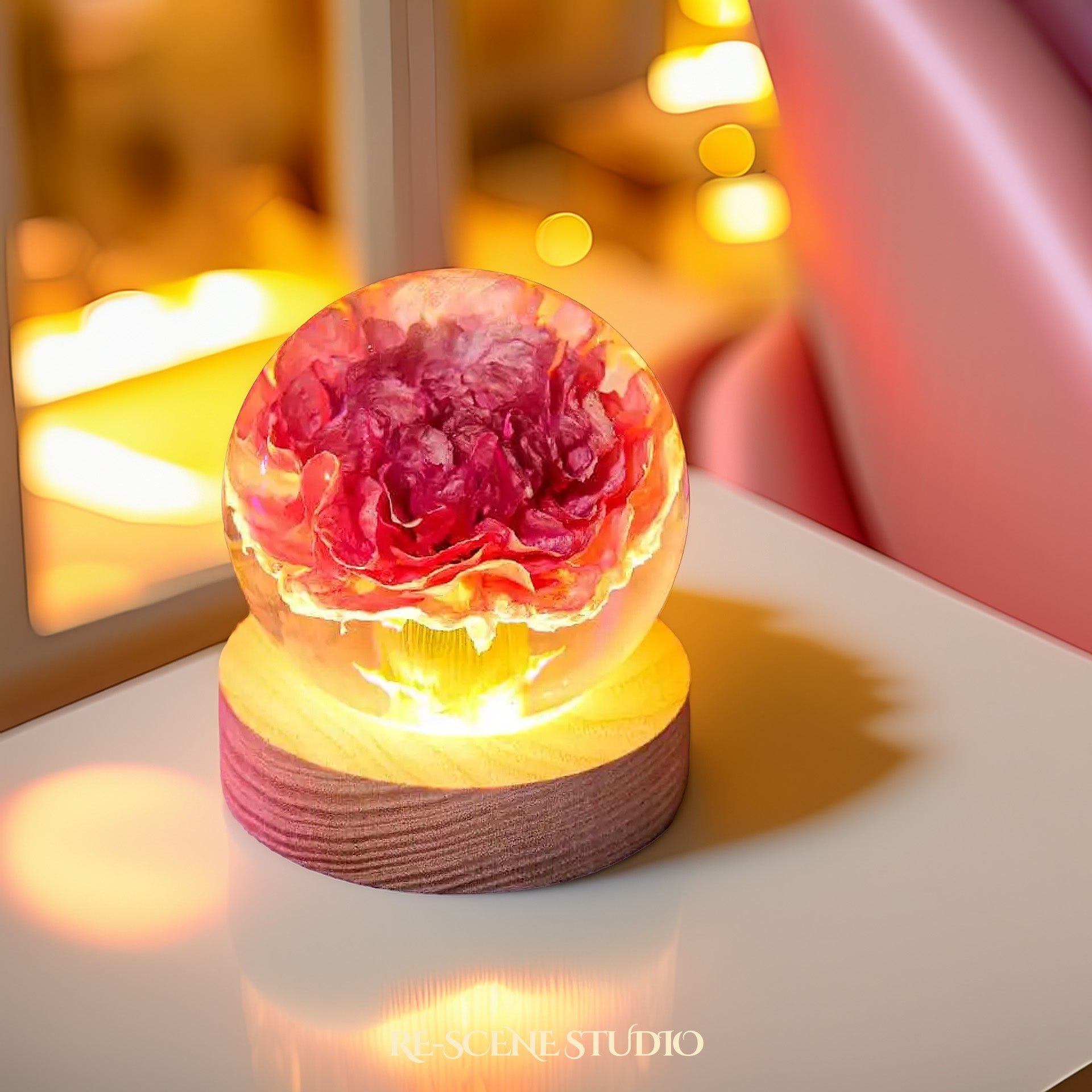 Carnation Sphere Resin Lamp Flower Only / No Engraving / Green – Handmade Epoxy Resin Lamp by Rescene Studio | Rescene Studio