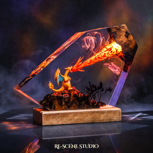 Charizard Resin Lamp V2 (Pokemon), hand-poured epoxy resin night light glowing in 16 RGB colors
