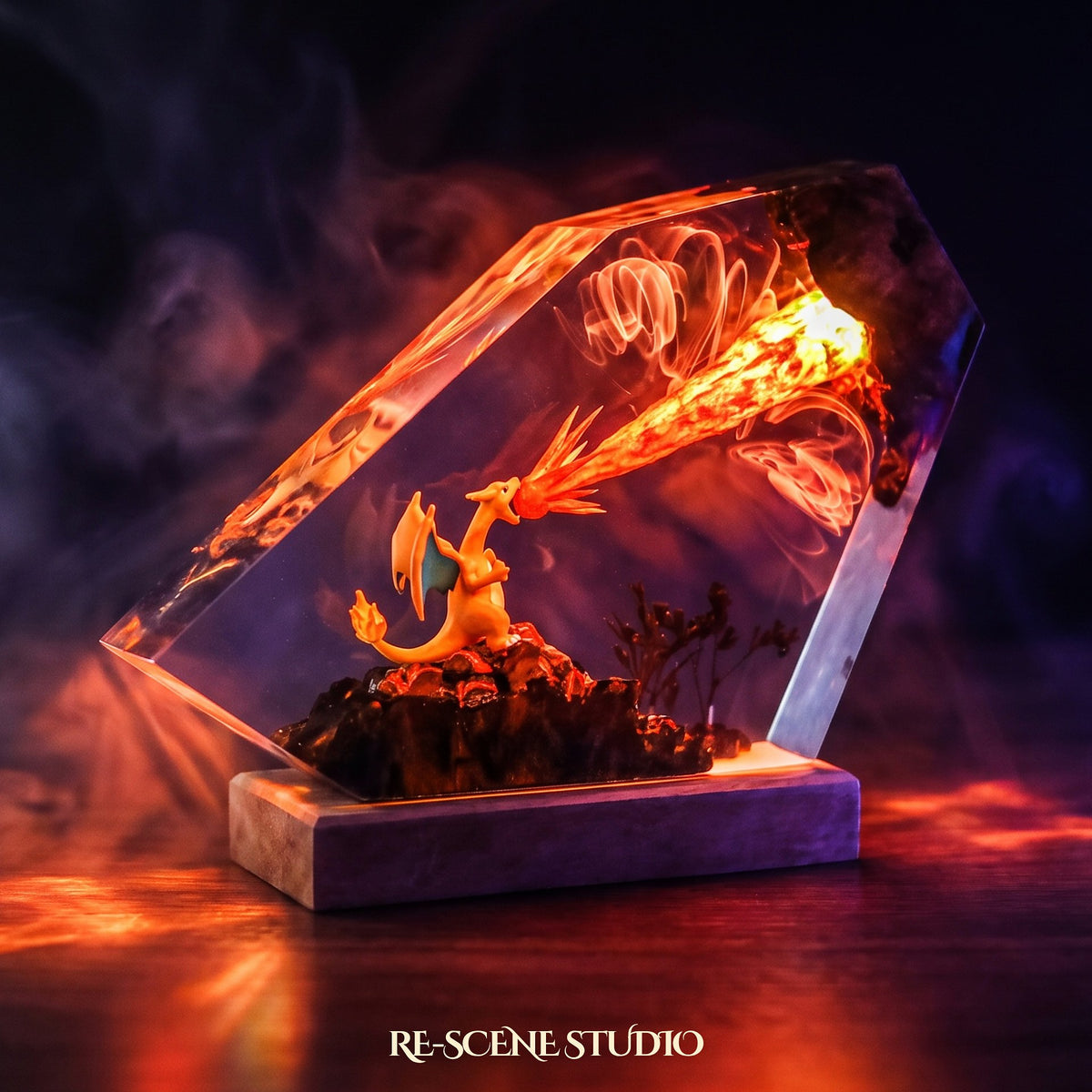 Pokemon collectible: the Charizard Resin Lamp V2, handmade on a wooden base