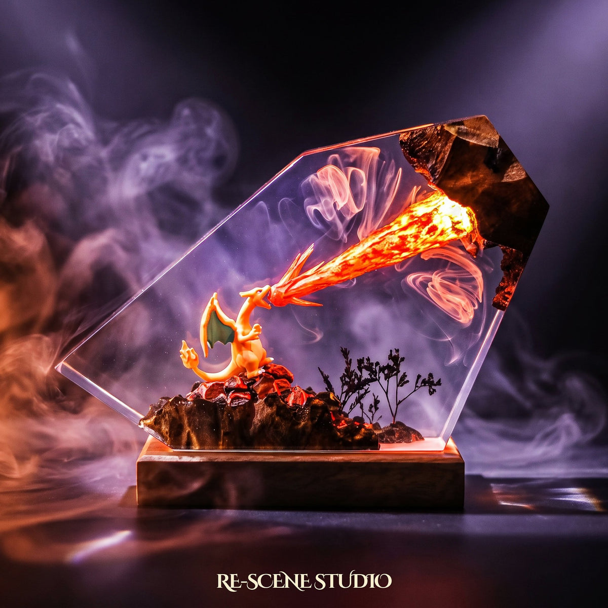 Charizard Resin Lamp V2 lit up in the dark, Pokemon resin diorama lamp for desk or shelf