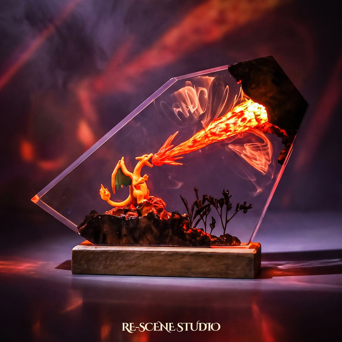 Close look at the Charizard Resin Lamp V2, a handcrafted Pokemon epoxy resin LED lamp