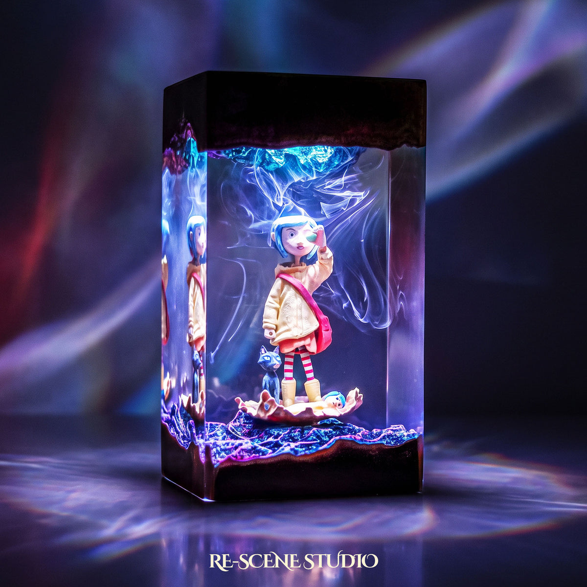 Collectible Coraline Resin Lamp V2, handmade on a wooden base