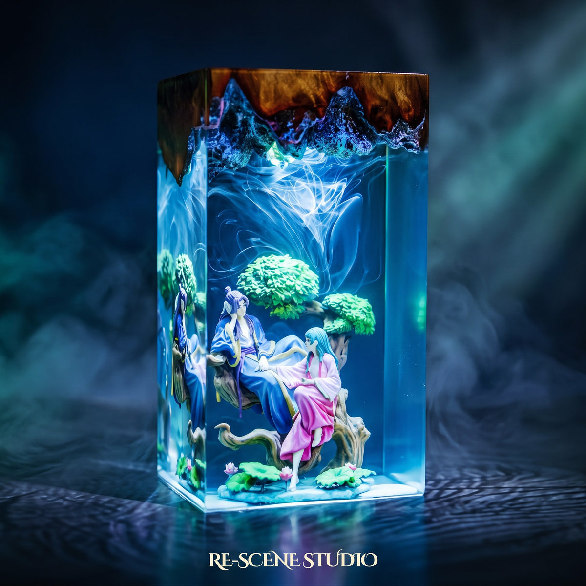 Cowherd and Weaver Girl Resin Lamp, hand-poured epoxy resin night light glowing in 16 RGB colors