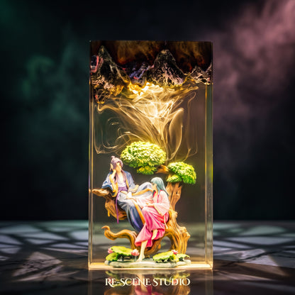 Cowherd and Weaver Girl Resin Lamp lit up in the dark, resin diorama lamp for desk or shelf