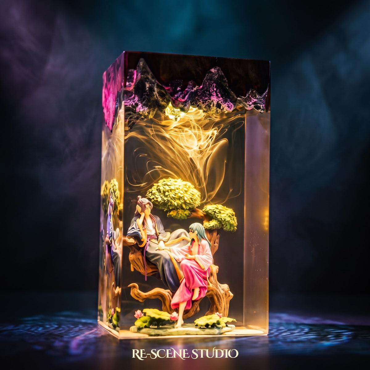 Close look at the Cowherd and Weaver Girl Resin Lamp, a handcrafted epoxy resin LED lamp