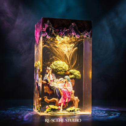 Close look at the Cowherd and Weaver Girl Resin Lamp, a handcrafted epoxy resin LED lamp