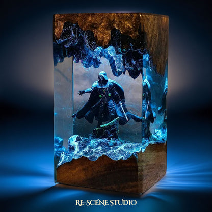 Black-Masked Lord Resin Lamp V2 — Closeup Detail | Original Epoxy Resin Sculpture with Built-in LED Glow