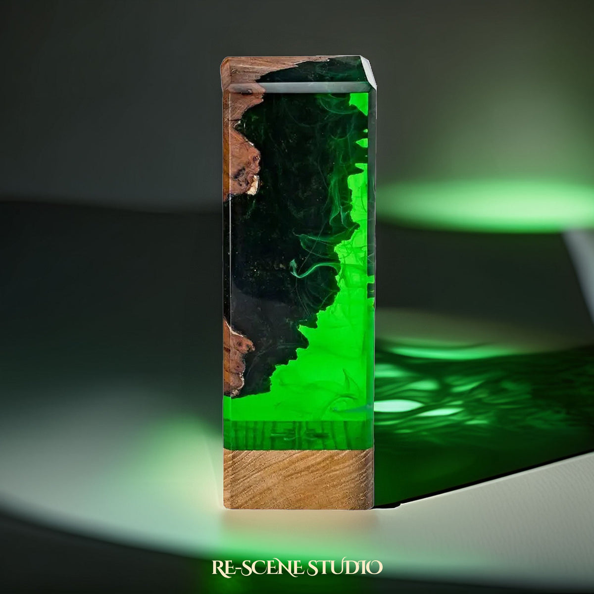 Deep Green Forest Resin Lamp, handcrafted epoxy resin LED lamp