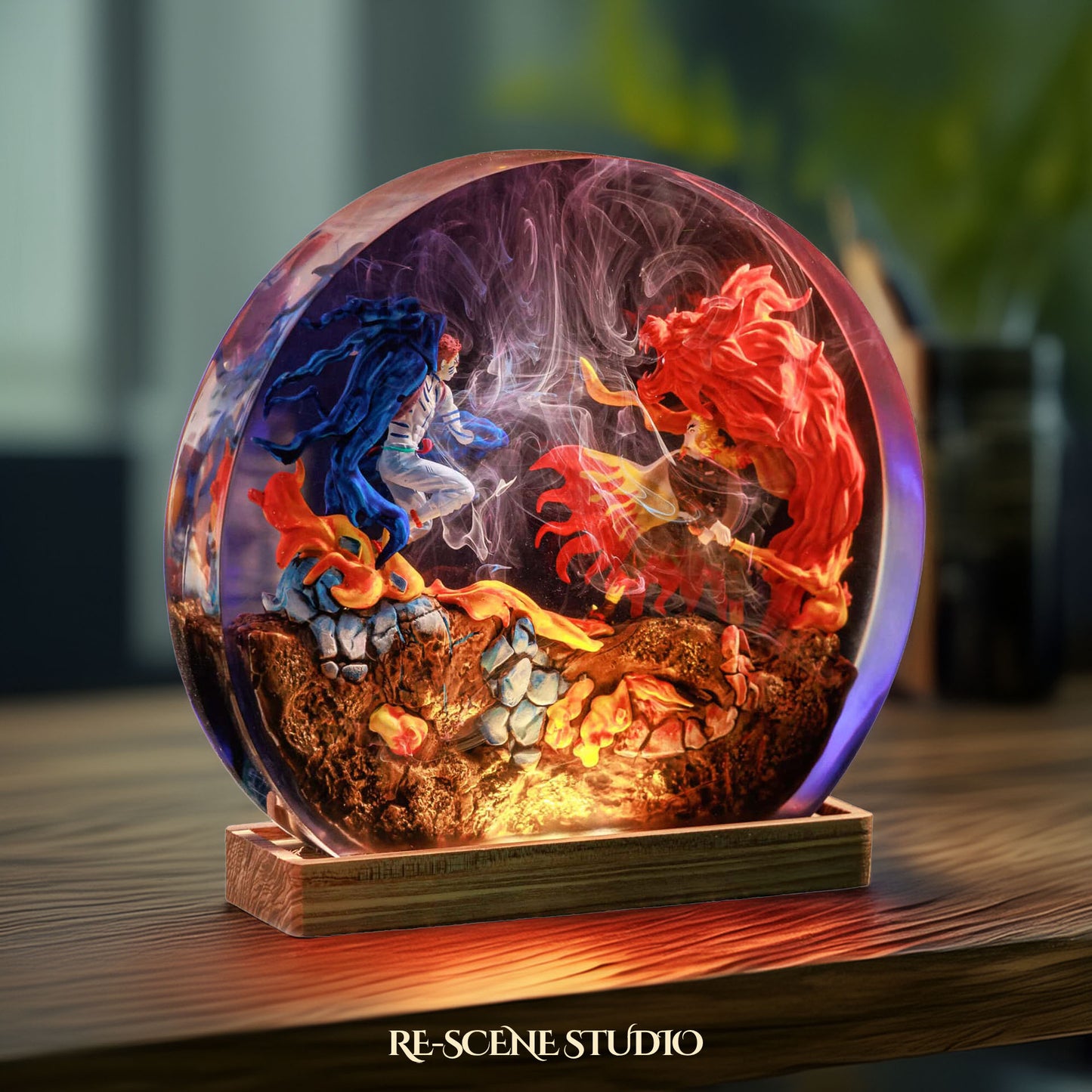 Akaza vs Rengoku Resin Diorama Lamp – Demon Slayer Multicolor / Size M: 13 x 12 (cm) – Handmade Resin Lamp by Rescene Studio | Rescene Studio