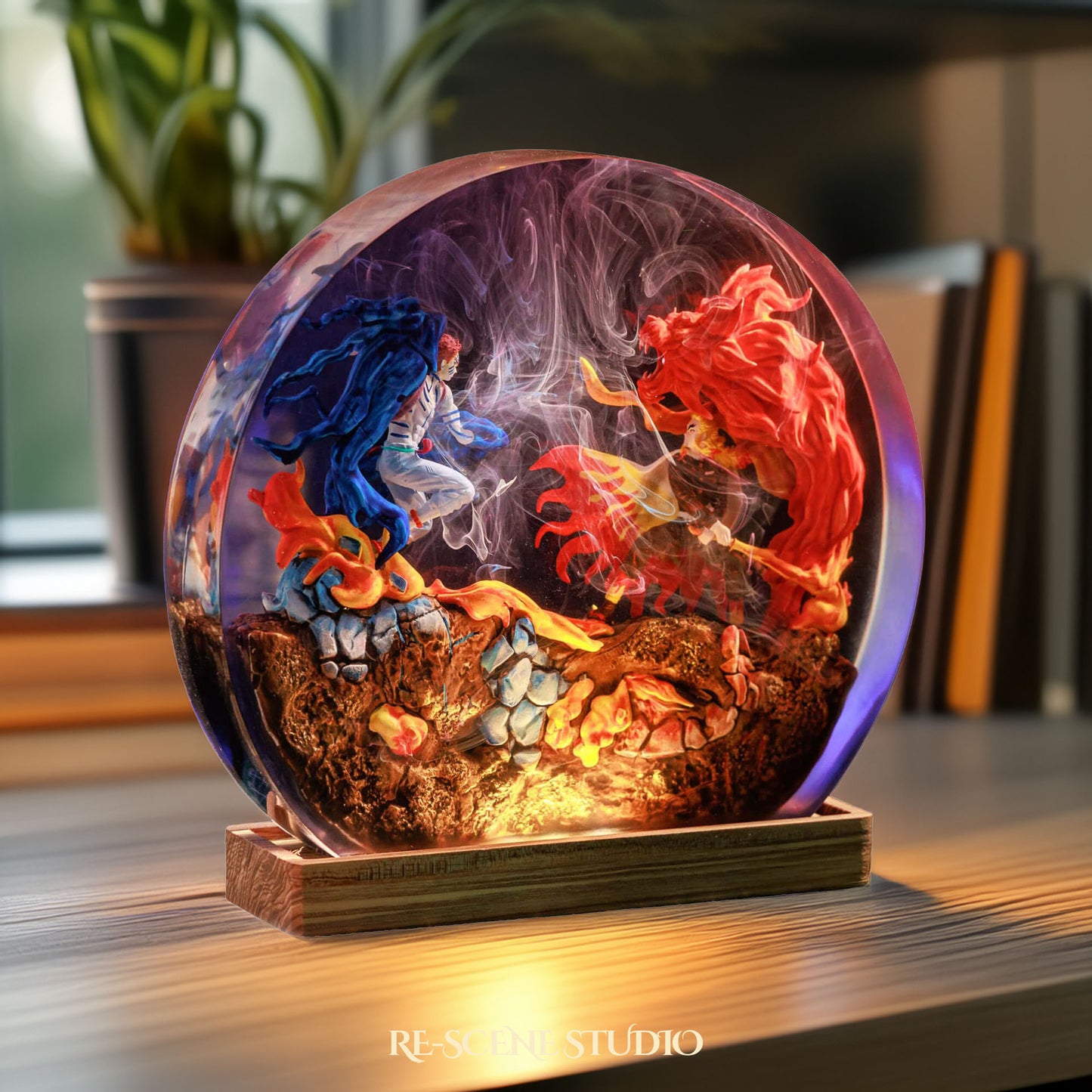Akaza vs Rengoku Resin Diorama Lamp – Demon Slayer Multicolor / Size M: 13 x 12 (cm) – Handmade Resin Lamp by Rescene Studio | Rescene Studio