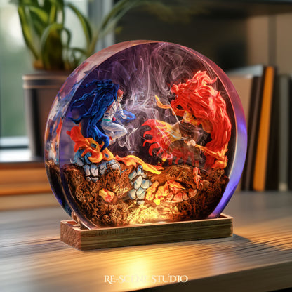 Akaza vs Rengoku Resin Diorama Lamp – Demon Slayer Multicolor / Size M: 13 x 12 (cm) – Handmade Resin Lamp by Rescene Studio | Rescene Studio