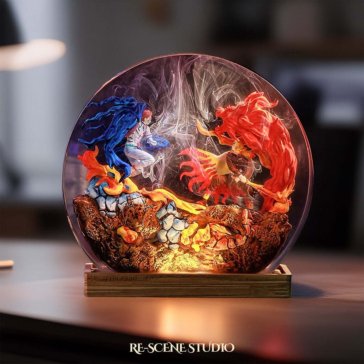 Akaza vs Rengoku Resin Diorama Lamp – Demon Slayer Multicolor / Size M: 13 x 12 (cm) – Handmade Resin Lamp by Rescene Studio | Rescene Studio
