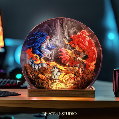 Akaza vs Rengoku Resin Diorama Lamp – Demon Slayer Multicolor / Size M: 13 x 12 (cm) – Handmade Resin Lamp by Rescene Studio | Rescene Studio