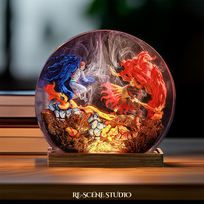 Akaza vs Rengoku Resin Diorama Lamp – Demon Slayer Multicolor / Size M: 13 x 12 (cm) – Handmade Resin Lamp by Rescene Studio | Rescene Studio