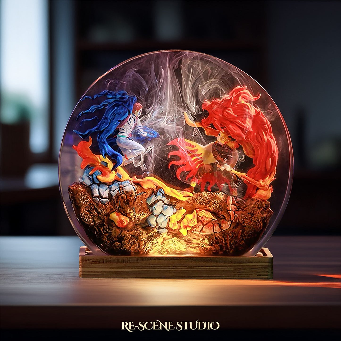 Akaza vs Rengoku Resin Diorama Lamp – Demon Slayer Multicolor / Size M: 13 x 12 (cm) – Handmade Resin Lamp by Rescene Studio | Rescene Studio