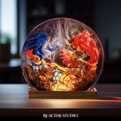 Akaza vs Rengoku Resin Diorama Lamp – Demon Slayer Multicolor / Size M: 13 x 12 (cm) – Handmade Resin Lamp by Rescene Studio | Rescene Studio