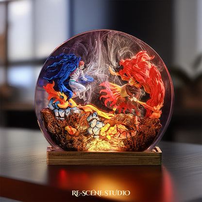 Akaza vs Rengoku Resin Diorama Lamp – Demon Slayer Multicolor / Size M: 13 x 12 (cm) – Handmade Resin Lamp by Rescene Studio | Rescene Studio