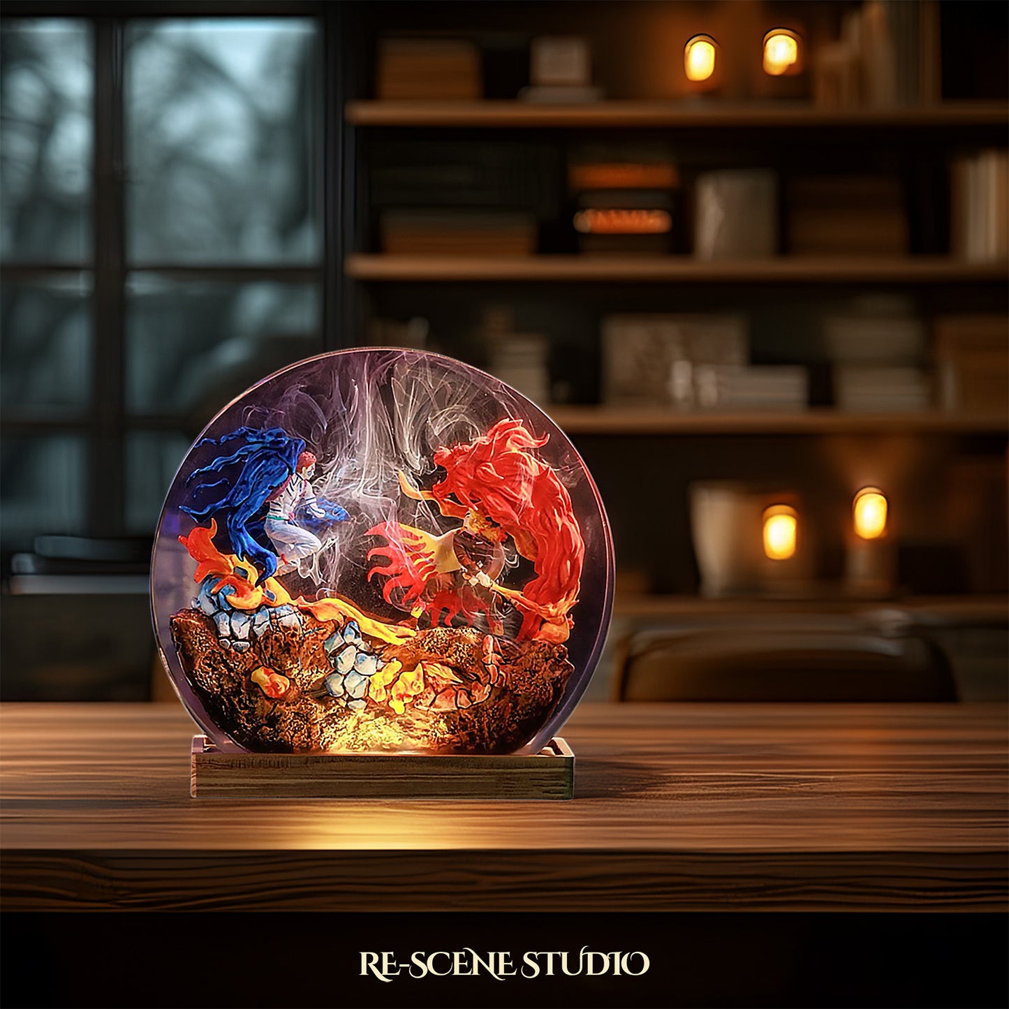 Akaza vs Rengoku Resin Diorama Lamp – Demon Slayer Multicolor / Size M: 13 x 12 (cm) – Handmade Resin Lamp by Rescene Studio | Rescene Studio