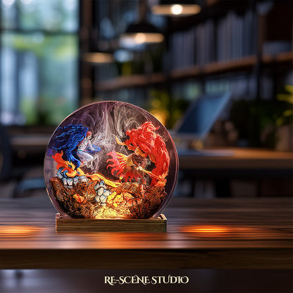 Akaza vs Rengoku Resin Diorama Lamp – Demon Slayer Multicolor / Size M: 13 x 12 (cm) – Handmade Resin Lamp by Rescene Studio | Rescene Studio