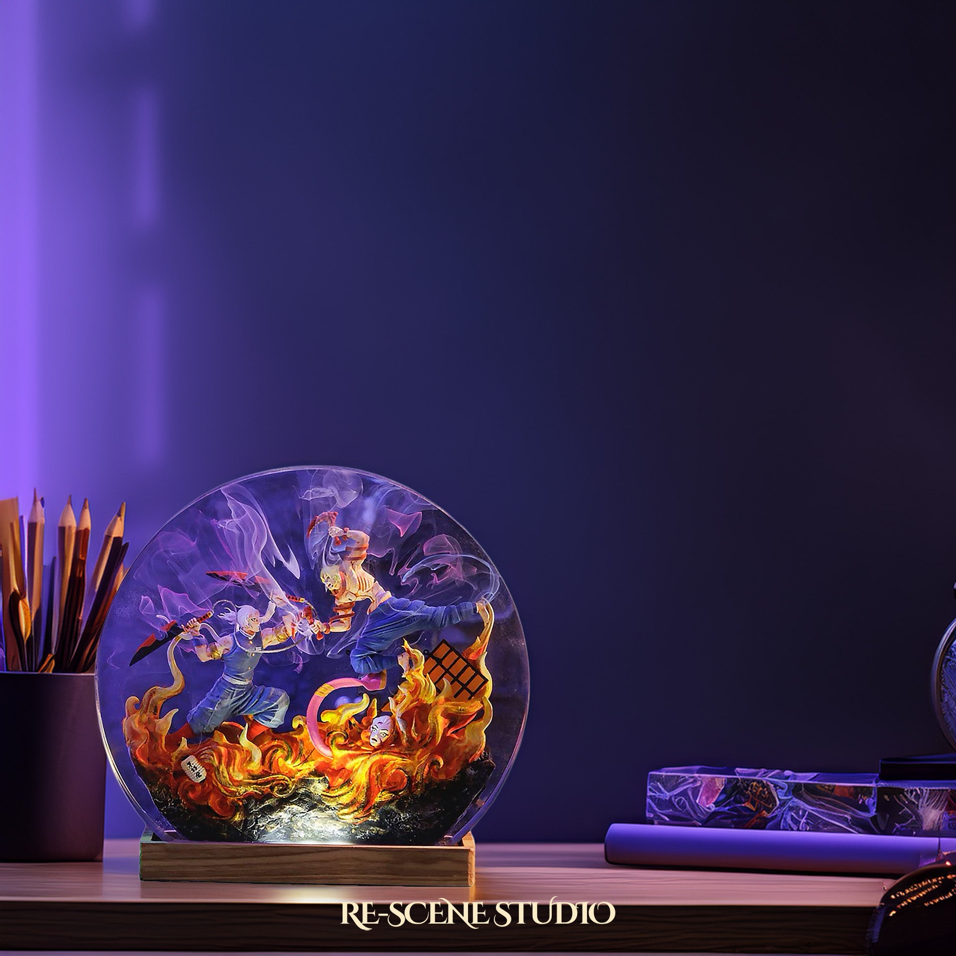 Tengen Uzui vs Gyutaro Resin Epoxy Lamp – Demon Slayer Multicolor / Size M: 13 x 12 (cm) – Handmade Epoxy Resin Lamp by Rescene Studio | Rescene Studio