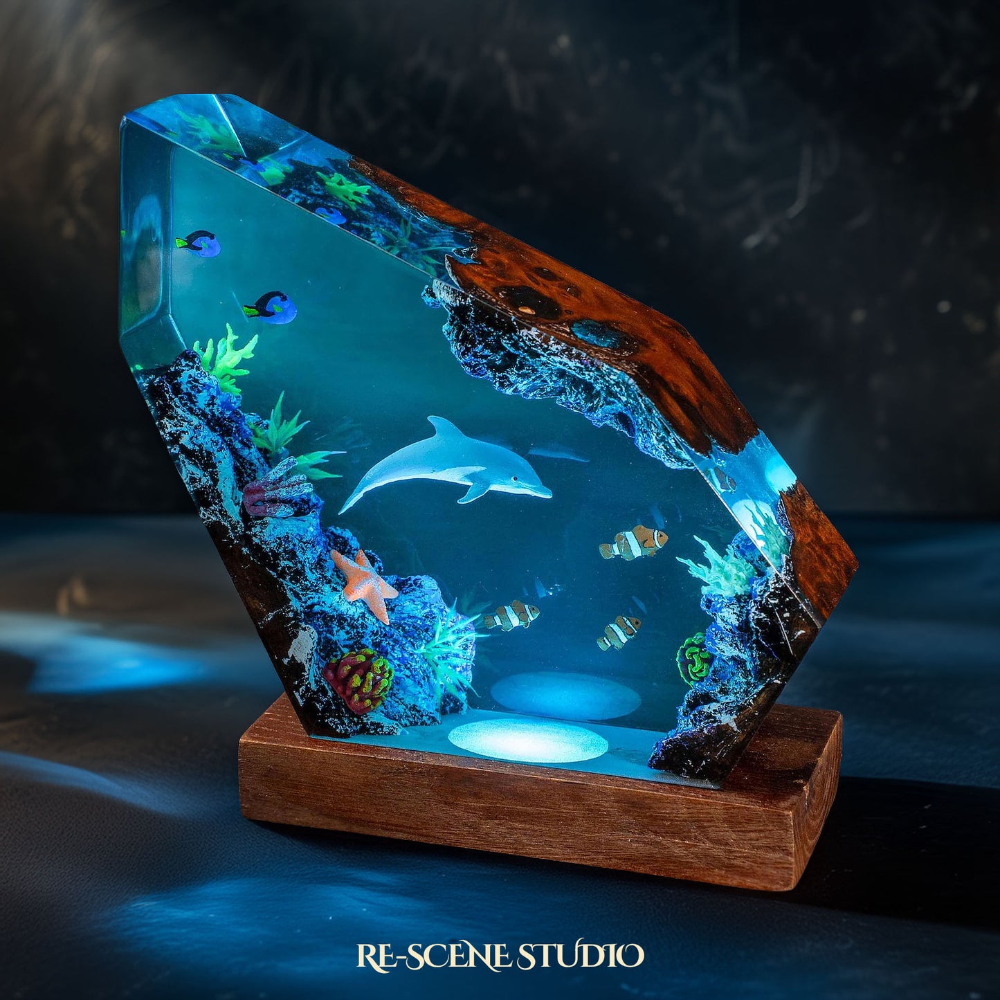 Dolphin and Clownfish Resin Lamp