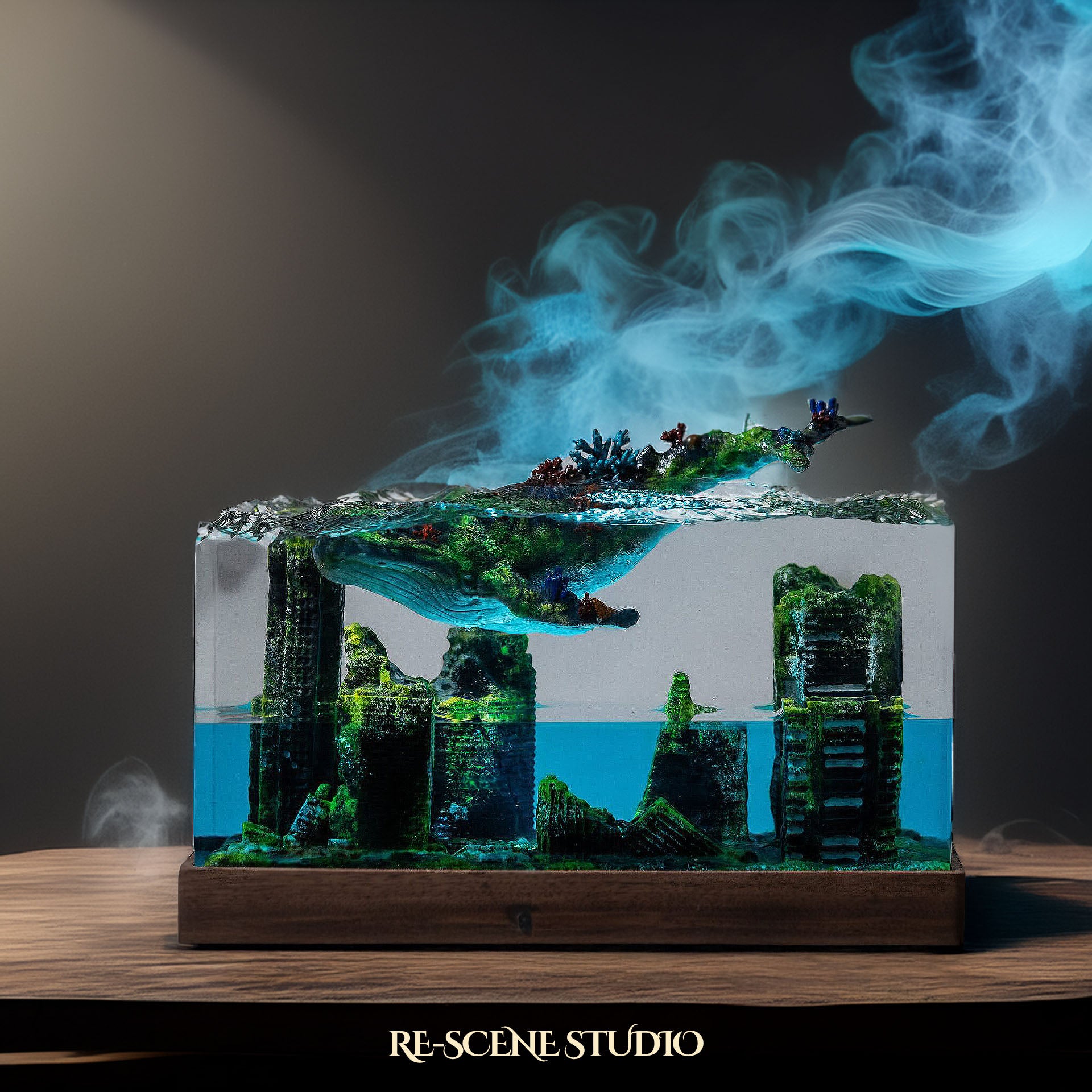 Whale Above Sunken City Resin Epoxy Lamp Multicolor / Size M: 6 x 6 x 12 (cm) – Handmade Epoxy Resin Lamp by Rescene Studio | Rescene Studio