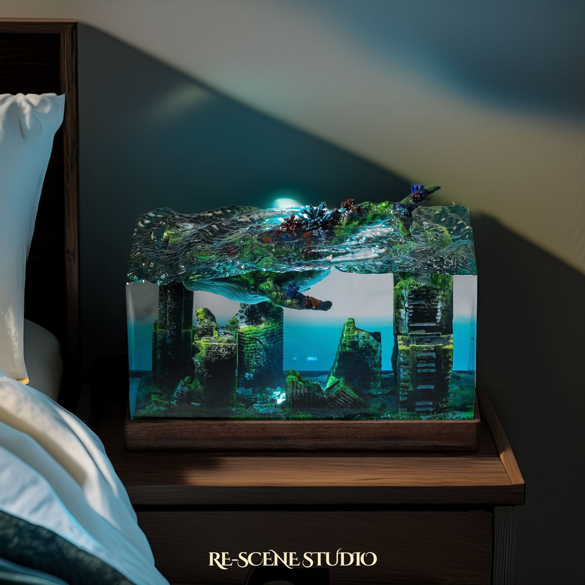 Whale Above Sunken City Resin Epoxy Lamp Multicolor / Size M: 6 x 6 x 12 (cm) – Handmade Epoxy Resin Lamp by Rescene Studio | Rescene Studio