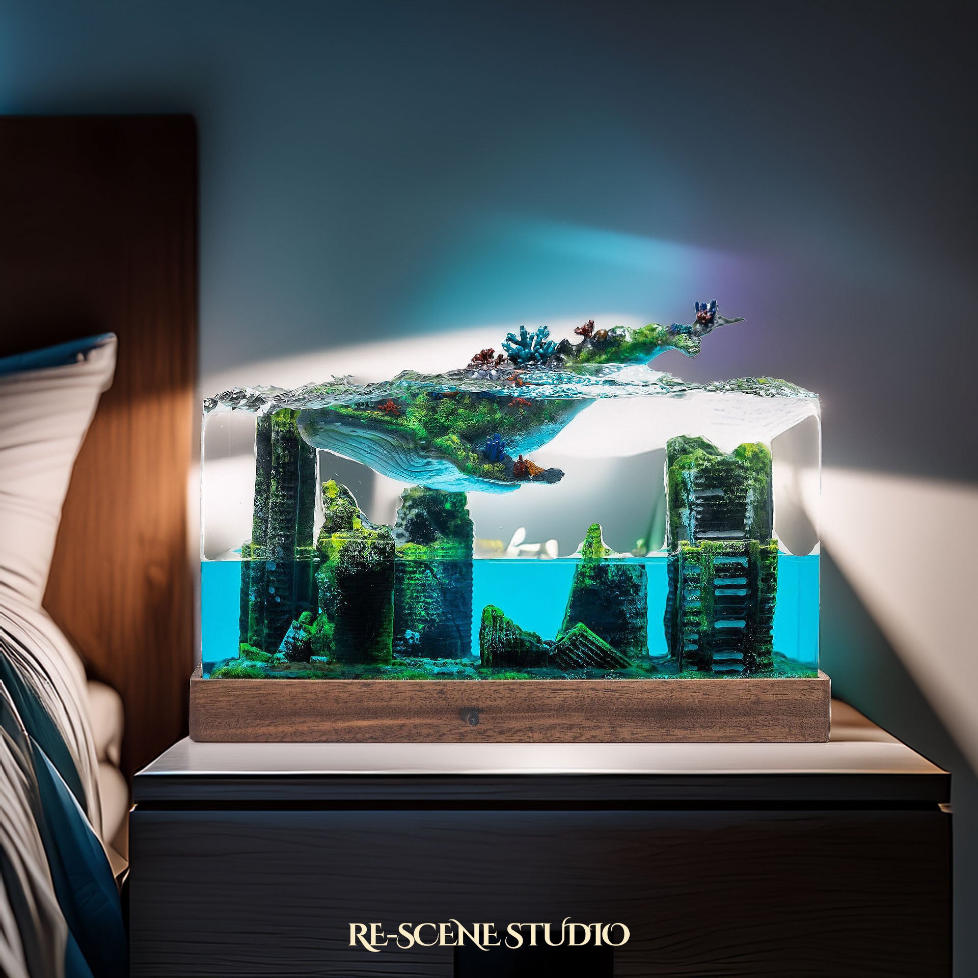 Whale Above Sunken City Resin Epoxy Lamp Multicolor / Size M: 6 x 6 x 12 (cm) – Handmade Epoxy Resin Lamp by Rescene Studio | Rescene Studio