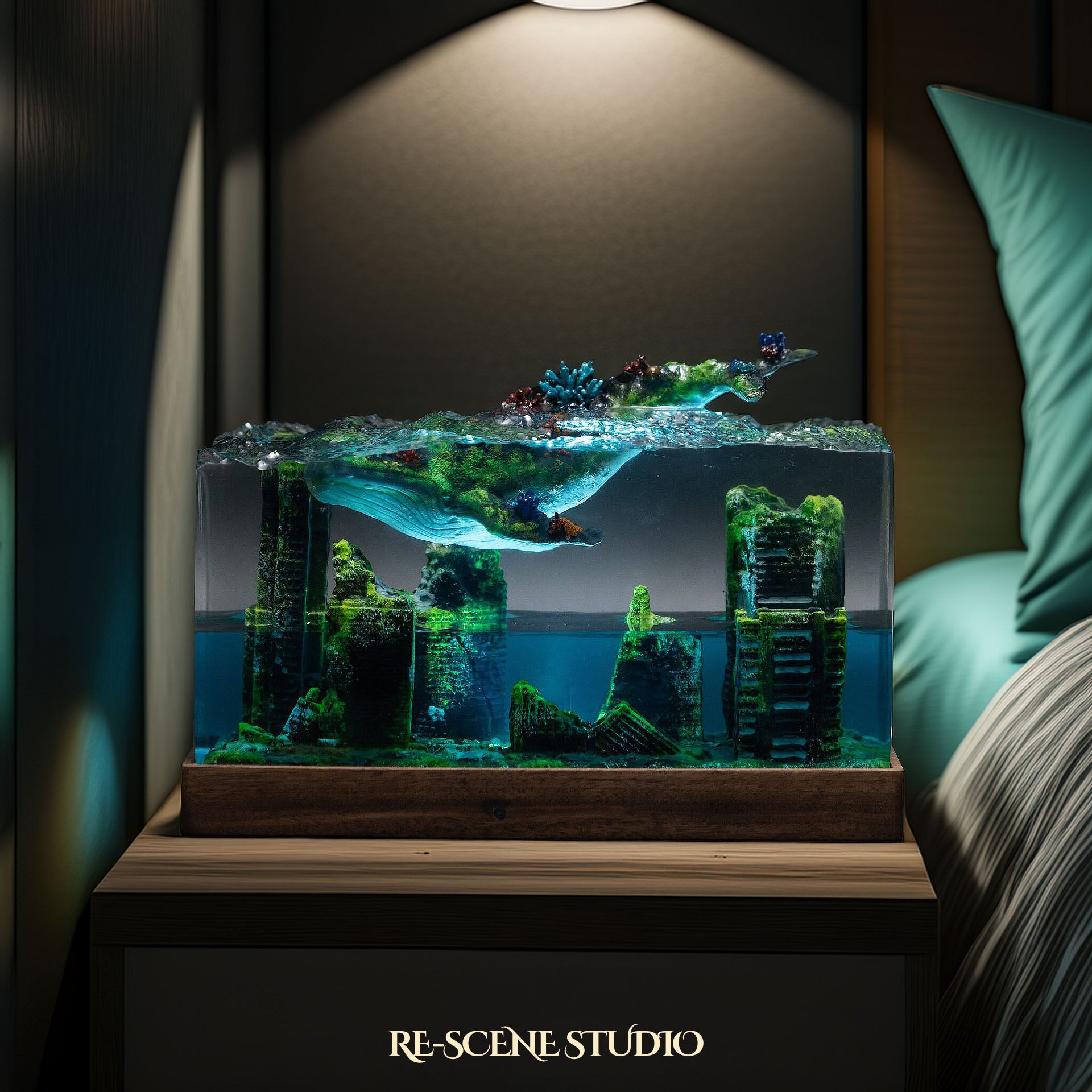 Whale Above Sunken City Resin Epoxy Lamp Multicolor / Size M: 6 x 6 x 12 (cm) – Handmade Epoxy Resin Lamp by Rescene Studio | Rescene Studio