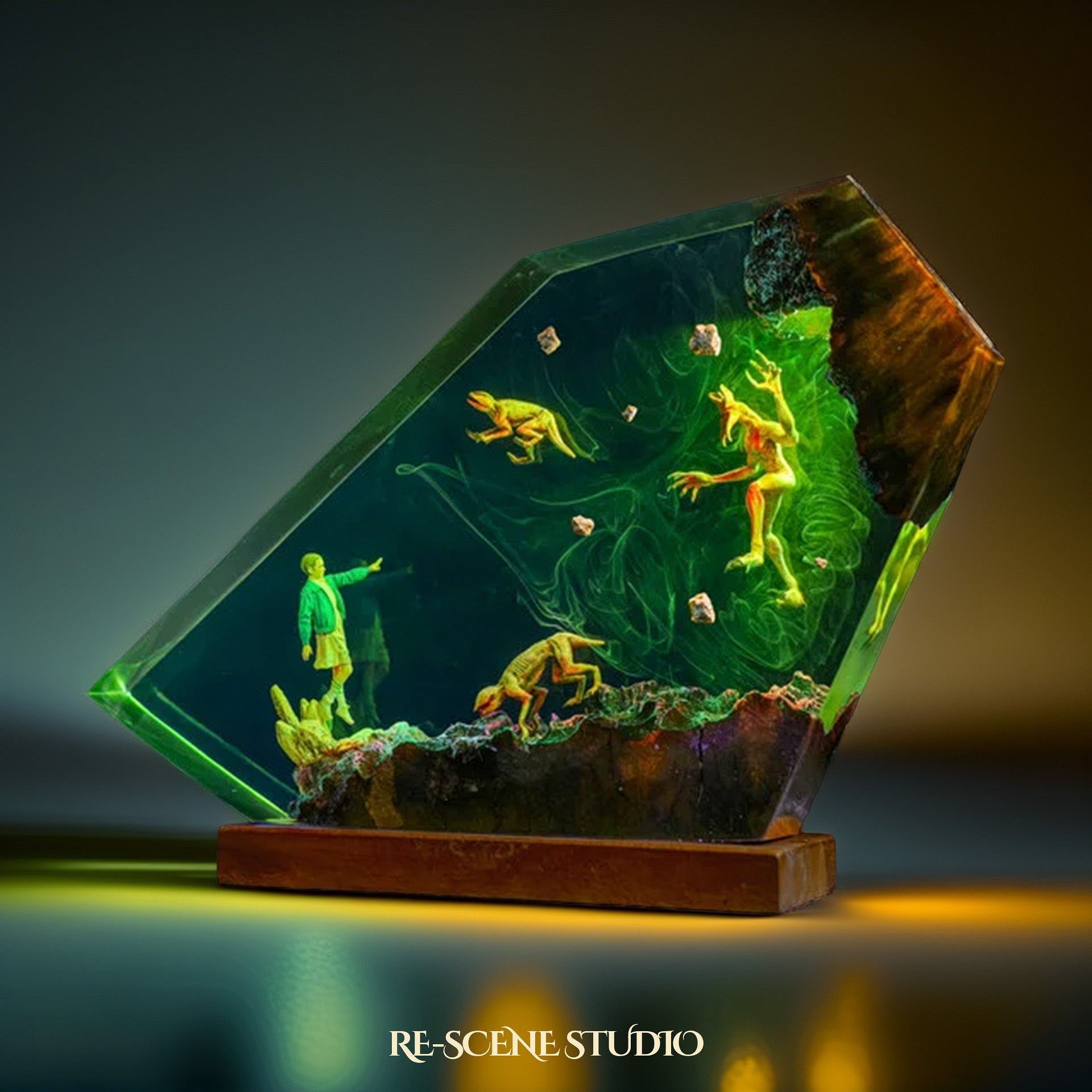 E.leven Vs D.emog.orgon Resin Lamp — Closeup Detail | Original Epoxy Resin Sculpture with Built-in LED Glow