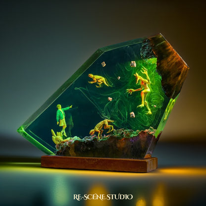 E.leven Vs D.emog.orgon Resin Lamp — Closeup Detail | Original Epoxy Resin Sculpture with Built-in LED Glow