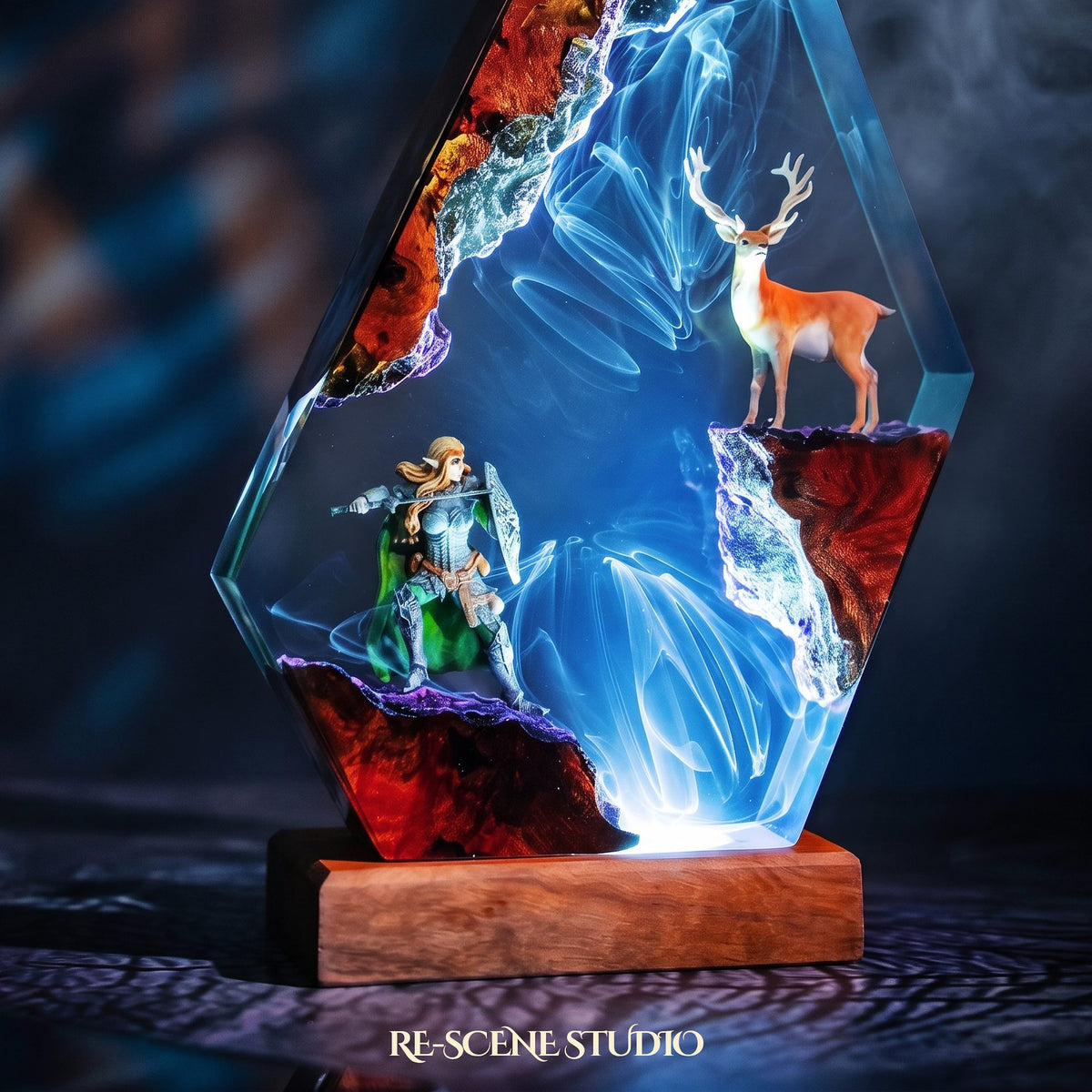 Elven Warrior and Stag Resin Lamp, hand-poured epoxy resin night light glowing in 16 RGB colors