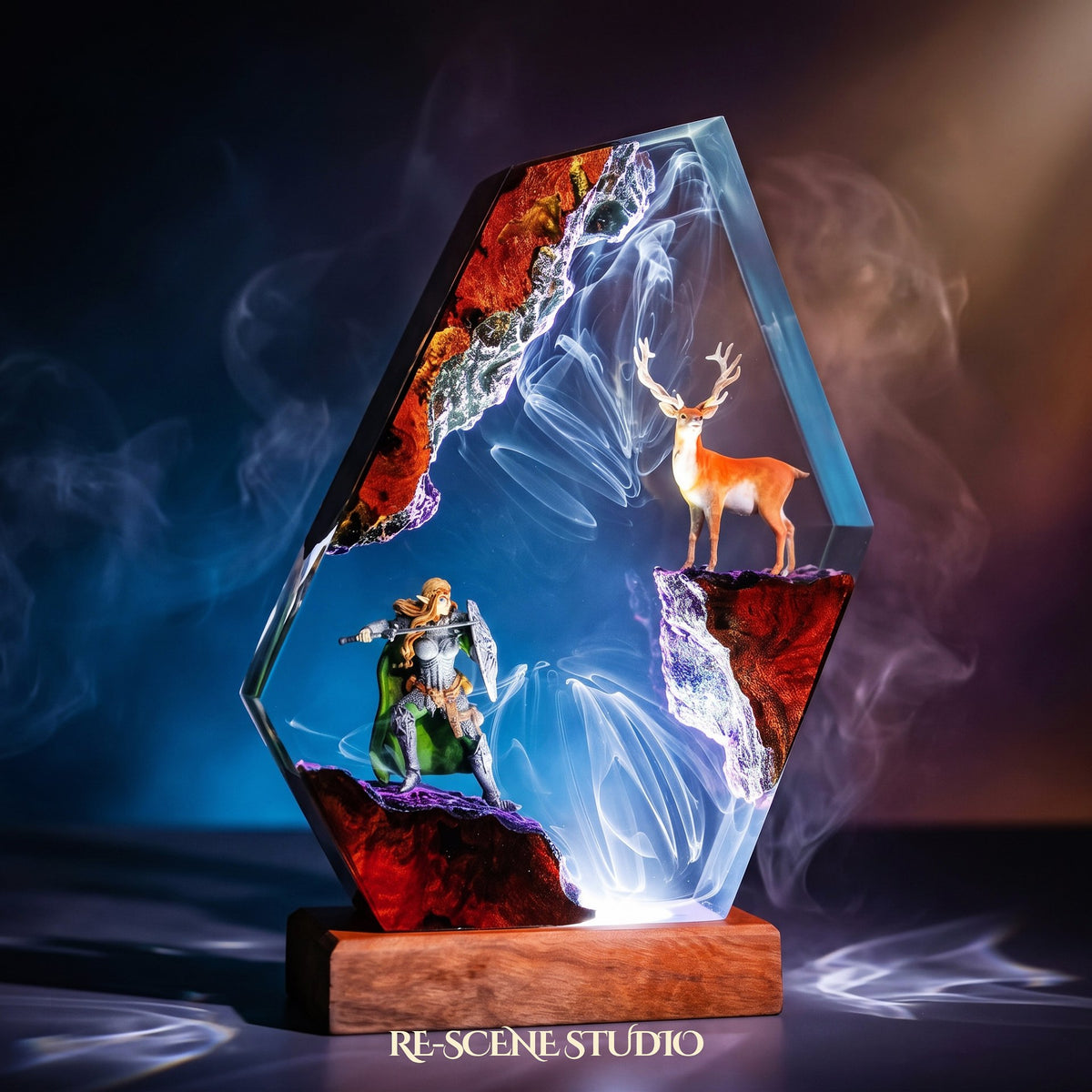 Collectible Elven Warrior and Stag Resin Lamp, handmade on a wooden base