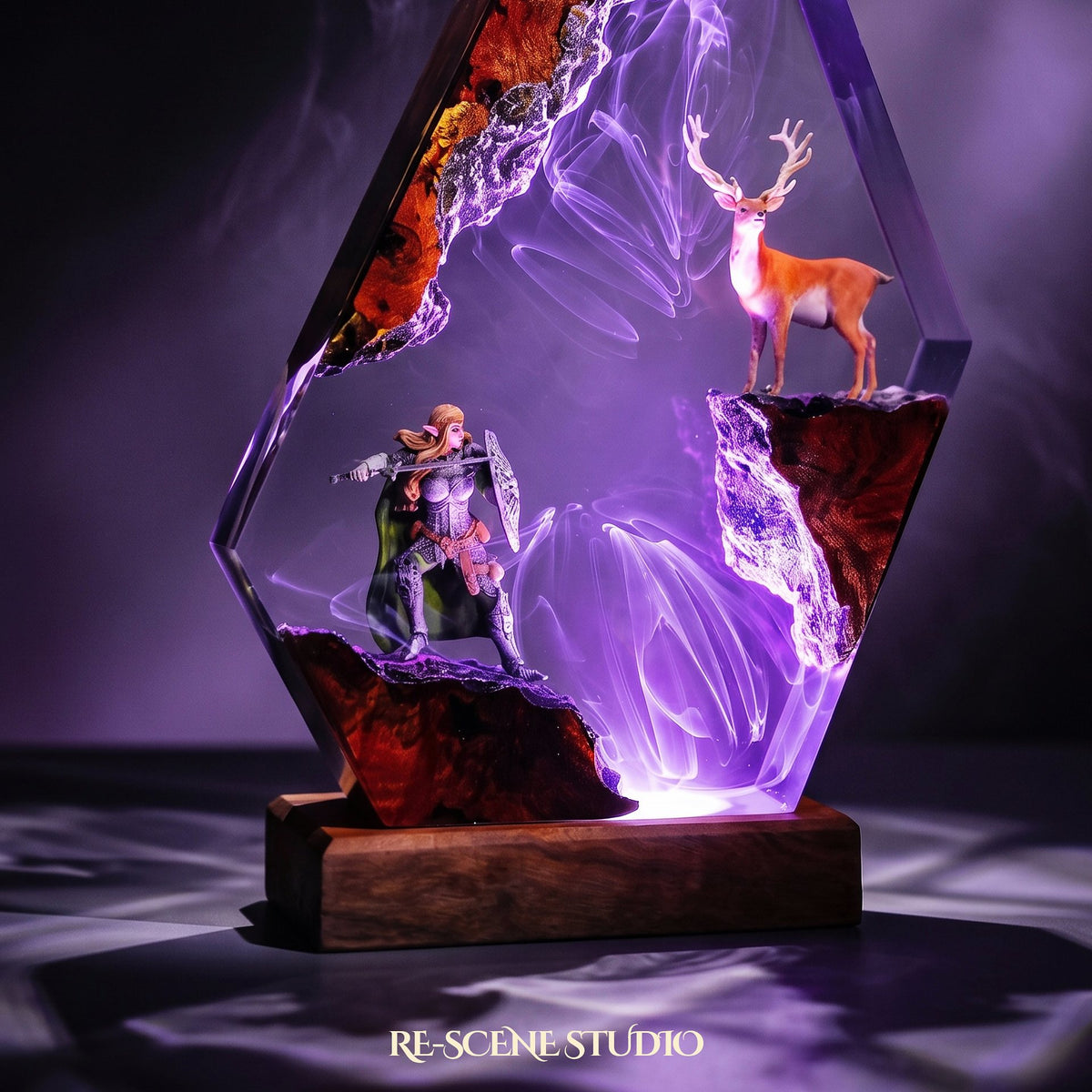 Elven Warrior and Stag Resin Lamp lit up in the dark, resin diorama lamp for desk or shelf