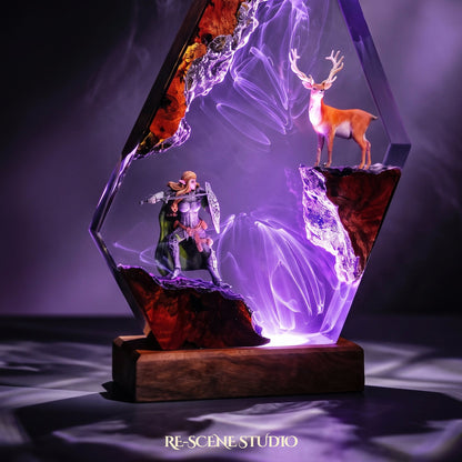 Elven Warrior and Stag Resin Lamp lit up in the dark, resin diorama lamp for desk or shelf