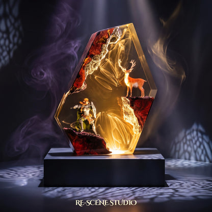 Close look at the Elven Warrior and Stag Resin Lamp, a handcrafted epoxy resin LED lamp
