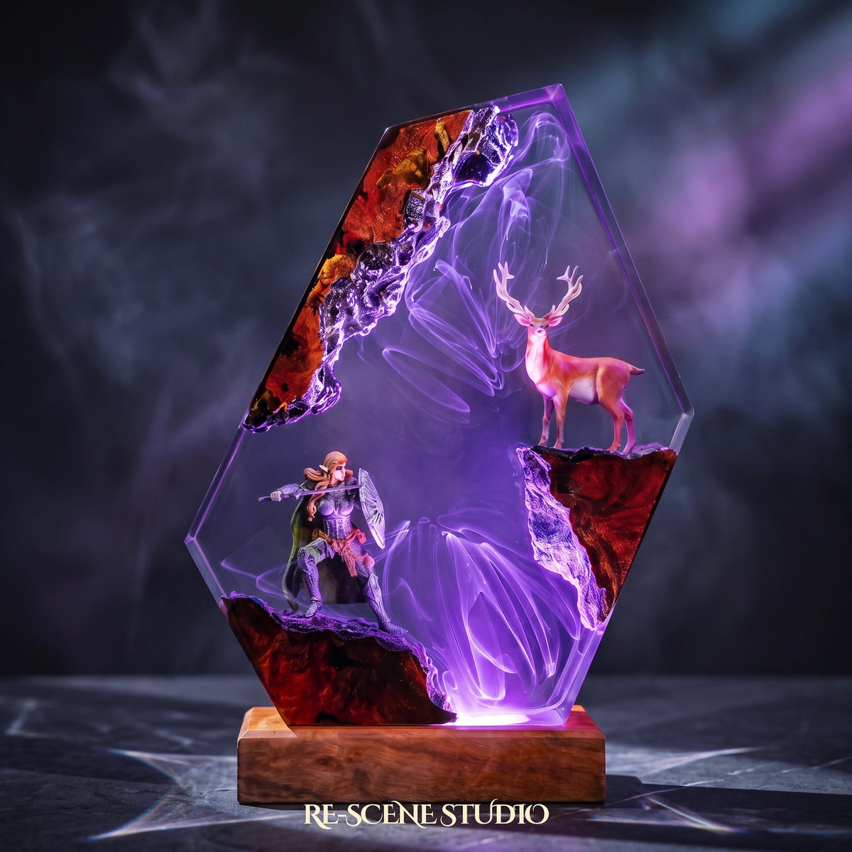 Glowing Elven Warrior and Stag Resin Lamp: decor sealed in crystal-clear epoxy resin