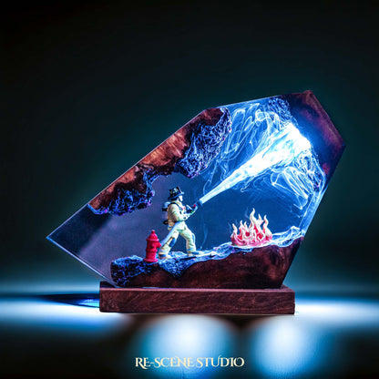 Fire Fighter Resin Lamp — Handcrafted Epoxy Resin LED Lamp | Unique Ambient Decor & Collector's Gift