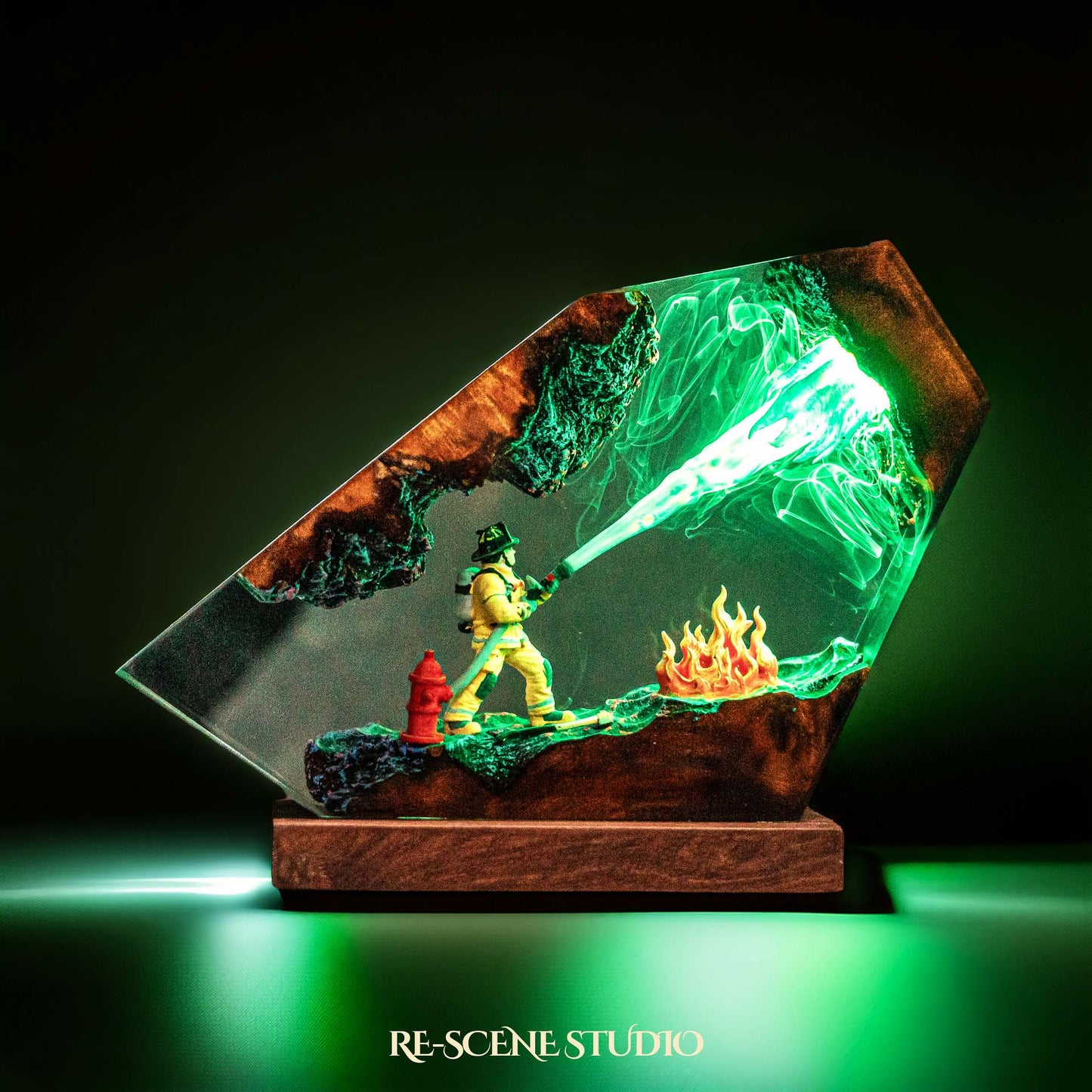 Fire Fighter Resin Lamp — Side Profile View | Handmade Pop-Culture Resin Art, Perfect Themed Gift