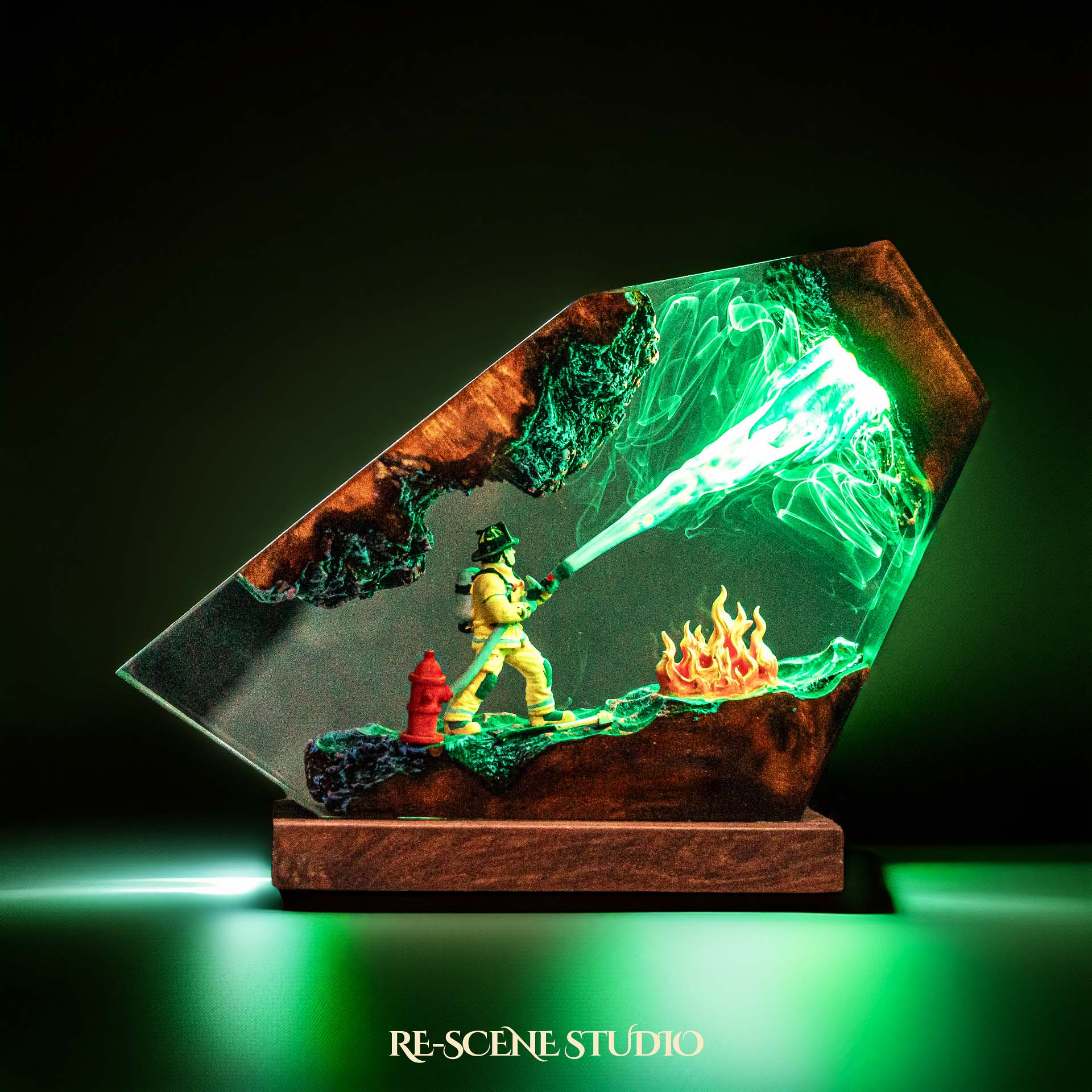 Fire Fighter Resin Lamp — Side Profile View | Handmade Pop-Culture Resin Art, Perfect Themed Gift