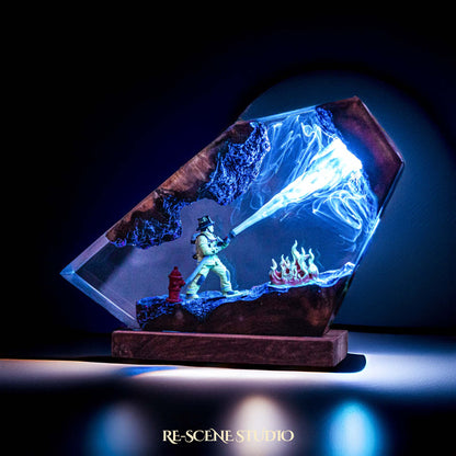 Fire Fighter Resin Lamp — Closeup Detail | Original Epoxy Resin Sculpture with Built-in LED Glow