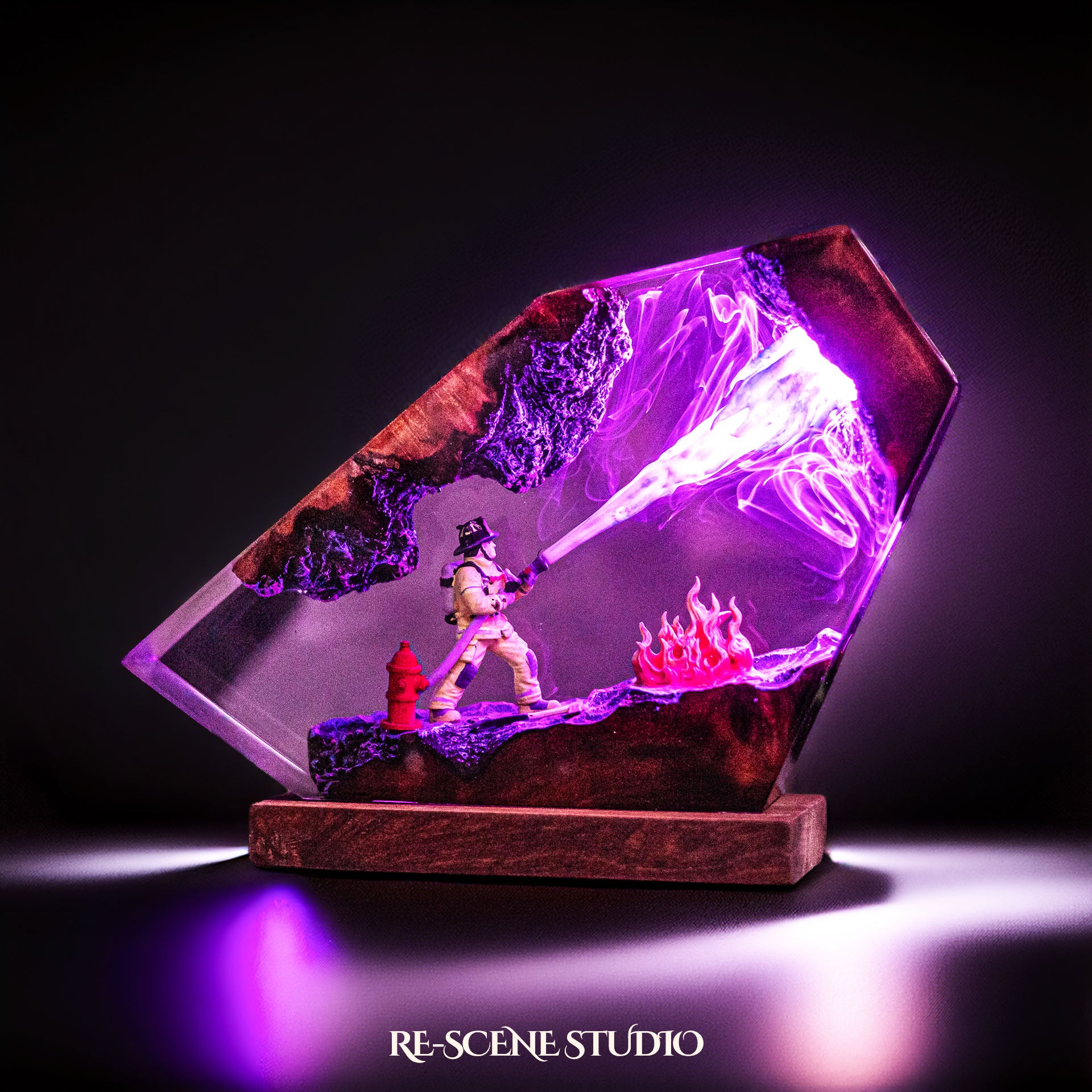 Fire Fighter Resin Lamp — Display Setup | Artisan Resin Art Lamp, Ambient Light for Home or Office