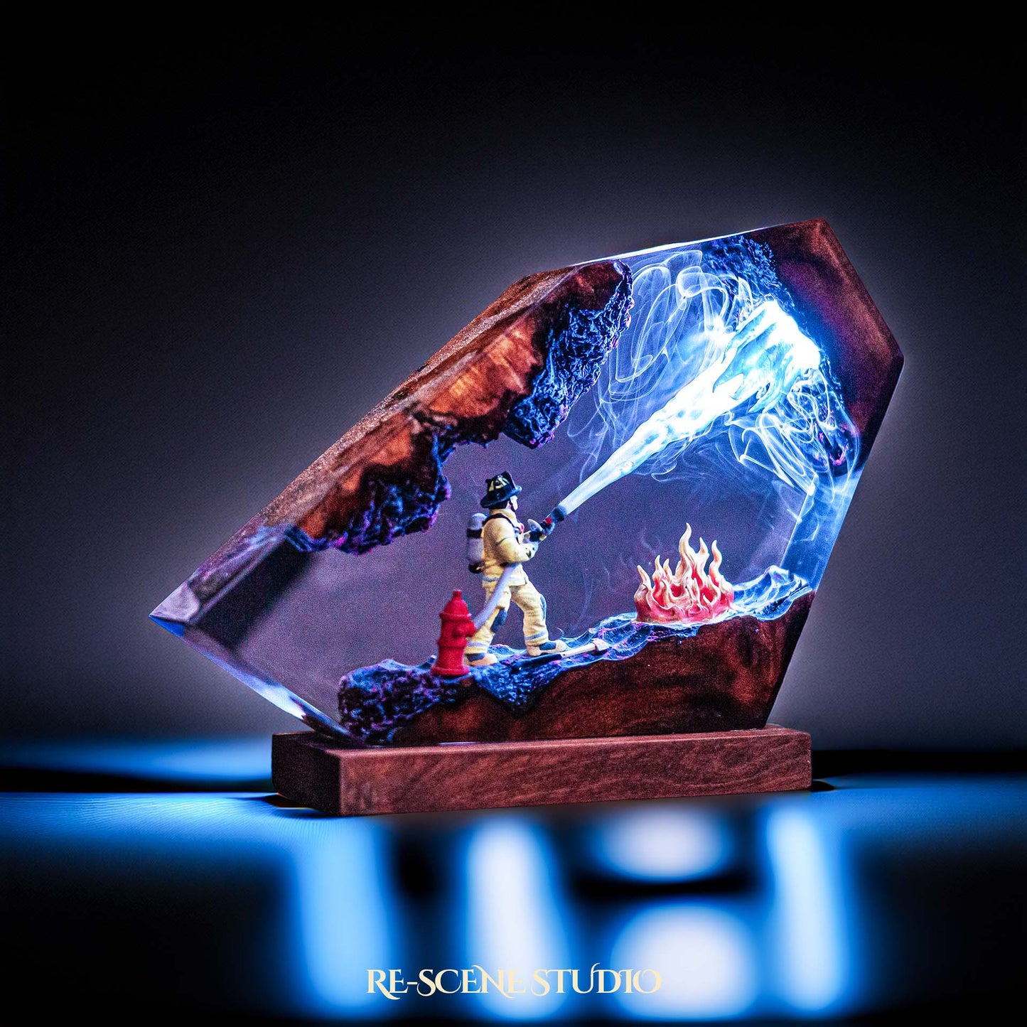 Fire Fighter Resin Lamp — Handcrafted Epoxy Resin LED Lamp | Unique Ambient Decor & Collector's Gift