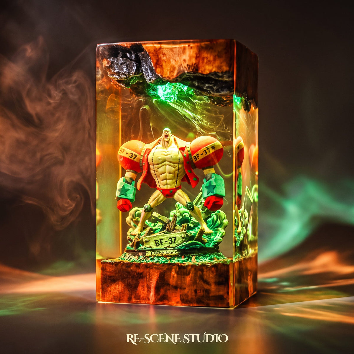 Franky Resin Lamp lit up in the dark, One Piece resin diorama lamp for desk or shelf