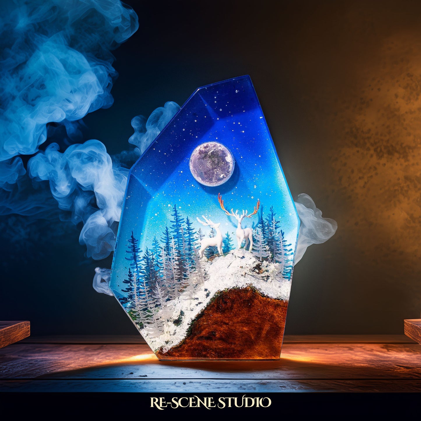 Deer on Snowy Mountain Resin Lamp Multicolor / Size M: 8 x 12 (cm) – Handmade Resin Lamp by Rescene Studio | Rescene Studio